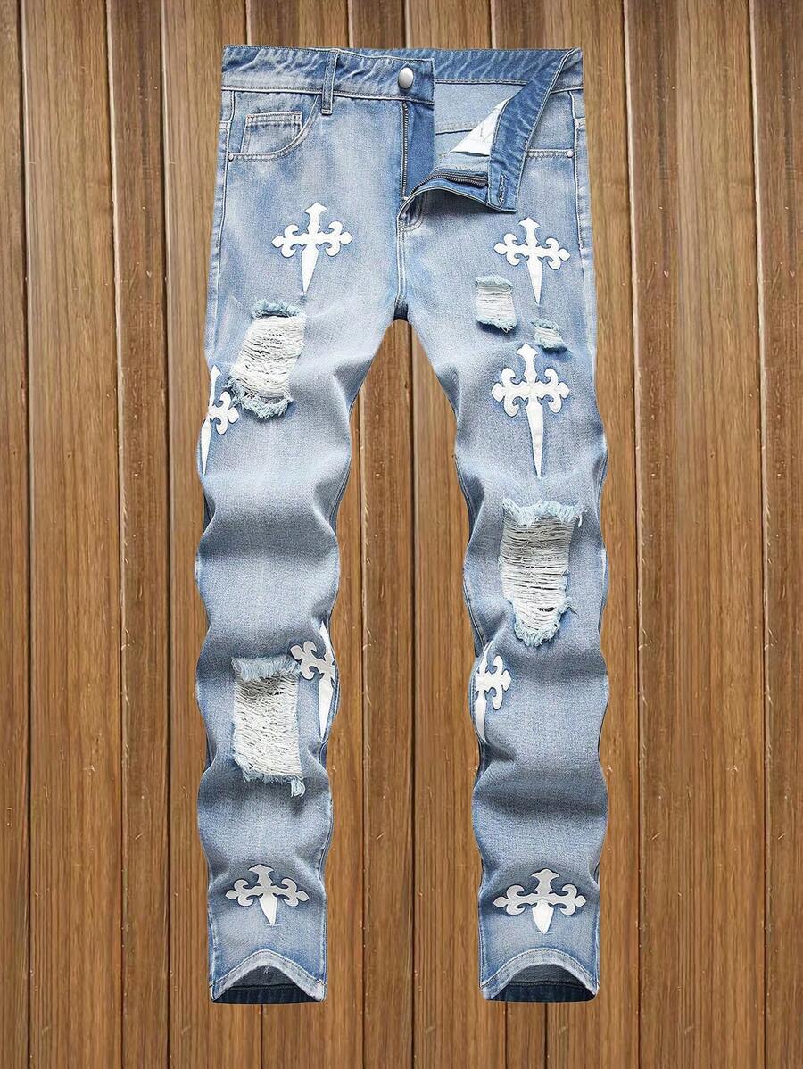 Boys Casual Elastic Waist Distressed Jeans - Medium Wash - View 1