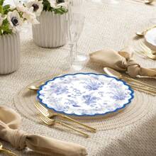 10/20/50 件，蓝色花卉纸盘杯和餐巾，粉红白色印花中国风派对用品套装包括盘子餐巾杯，适用于生日婚礼（蓝色花卉）