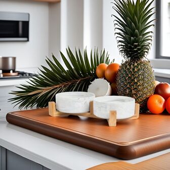 Ceramic Cat Dog Bowls Raised Food And Water Dish With Anti-Slip Wooden Stand Elevated Round Pet Feeding Bowl Dishwasher Friendly & Easy To Clean