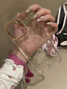 Glitter 3D Hollow Out Metal Heart Bow Phone Case Compatible With IPhone 17 Pro Max 16 15 14 13 12 Pro Max Plus 11 Women Cute Epoxy Clear Shockproof Cover - Gold - View 6