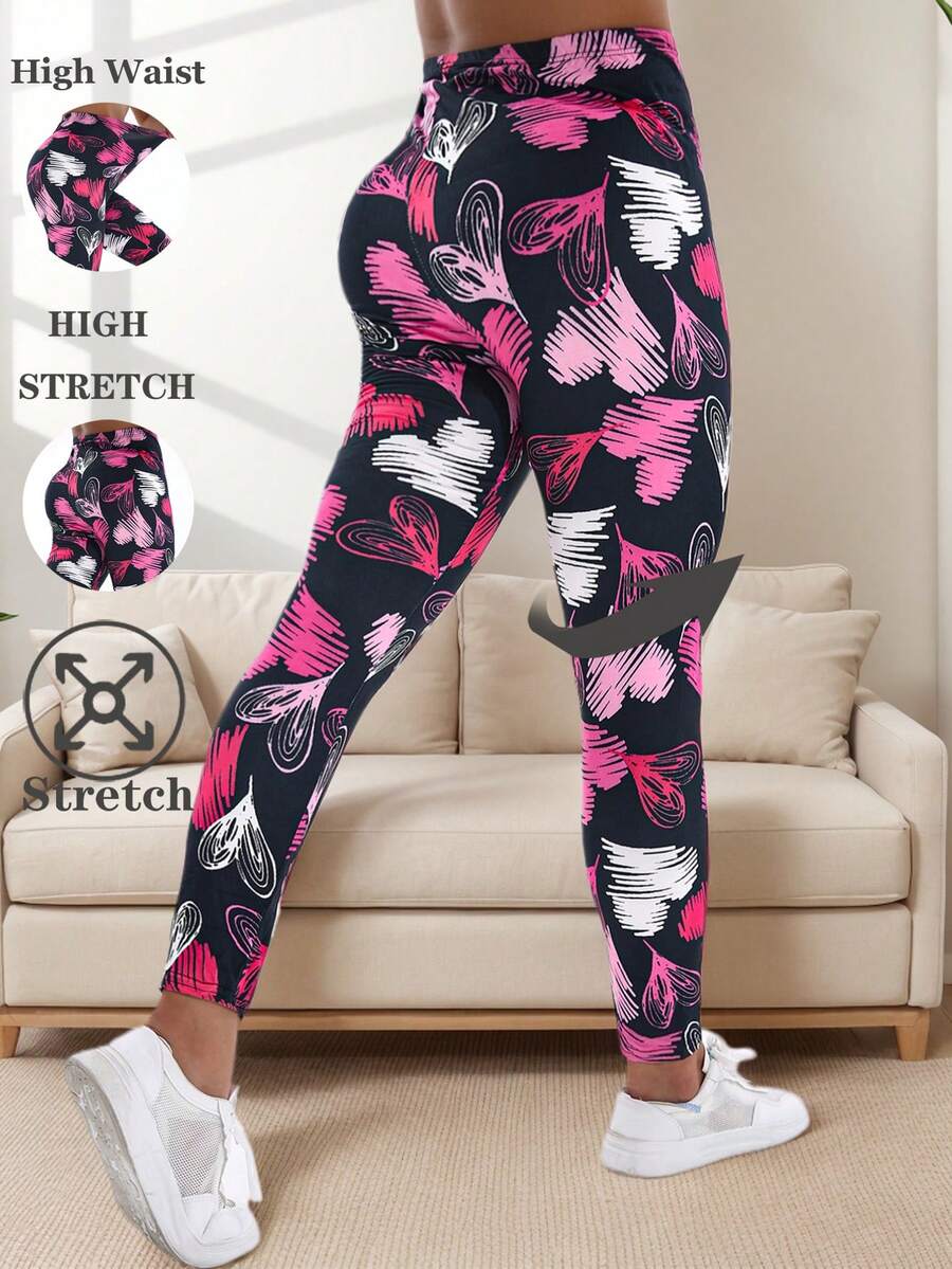 Women's Spring/Summer Casual Leggings With Heart Pattern, Soft & Comfortable, Suitable For Fitness, Exercise, Outdoor Activities, Commute, And Yoga