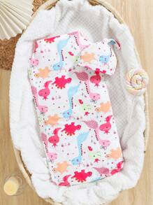 2 件套新生儿襁褓毯和帽子，可爱恐龙印花，柔软舒适，婴儿洗礼礼物，春季/秋季 - 彩色 - 查看 1