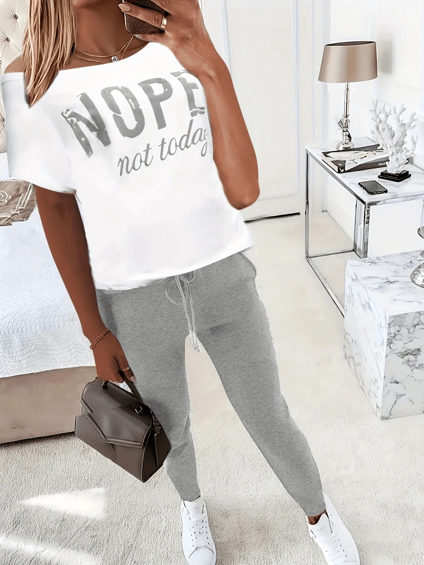2pcs Casual Letter Print Short Sleeve T-Shirt And Long Pants Set Summer - Light Grey - View 1