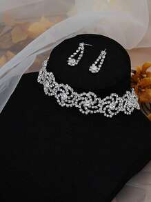 3pcs Earrings Plus Choker Elegant Jewelry Set Inlaid Rhinestone Dainty Flower Design Match Daily Outfits Party Accessories - Multicolor - View 4