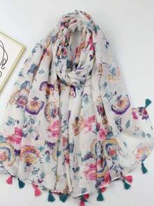 1pc Spring & Autumn Floral Print Fringed Shawl/Beach Towel For Dress - Multicolor - View 3