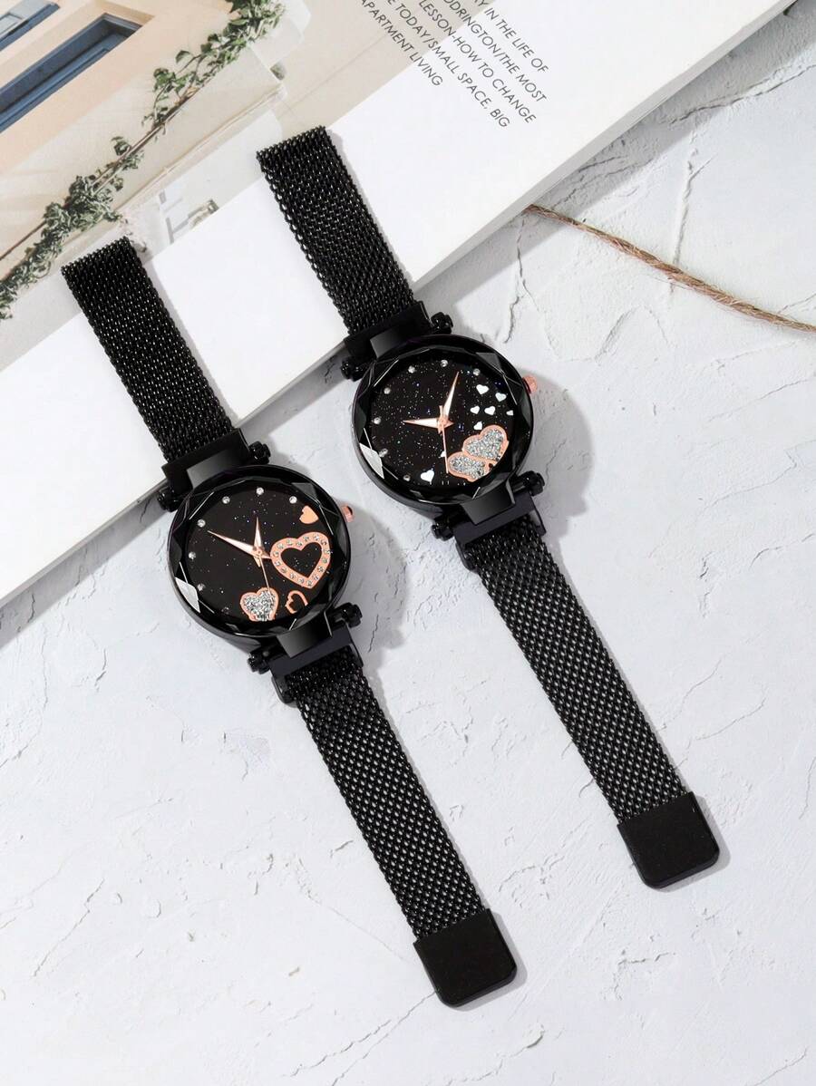 2pcs Fashionable And Versatile Women's Quartz Watch, Elegant Round Brick Dial, Suction Strap, Perfect For Daily Wear, Dinner Parties, And Other Occasions To Decorate The Wrist. - Black - View 1