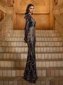 Black Long Elegant Luxury Sequin Dress, Modest