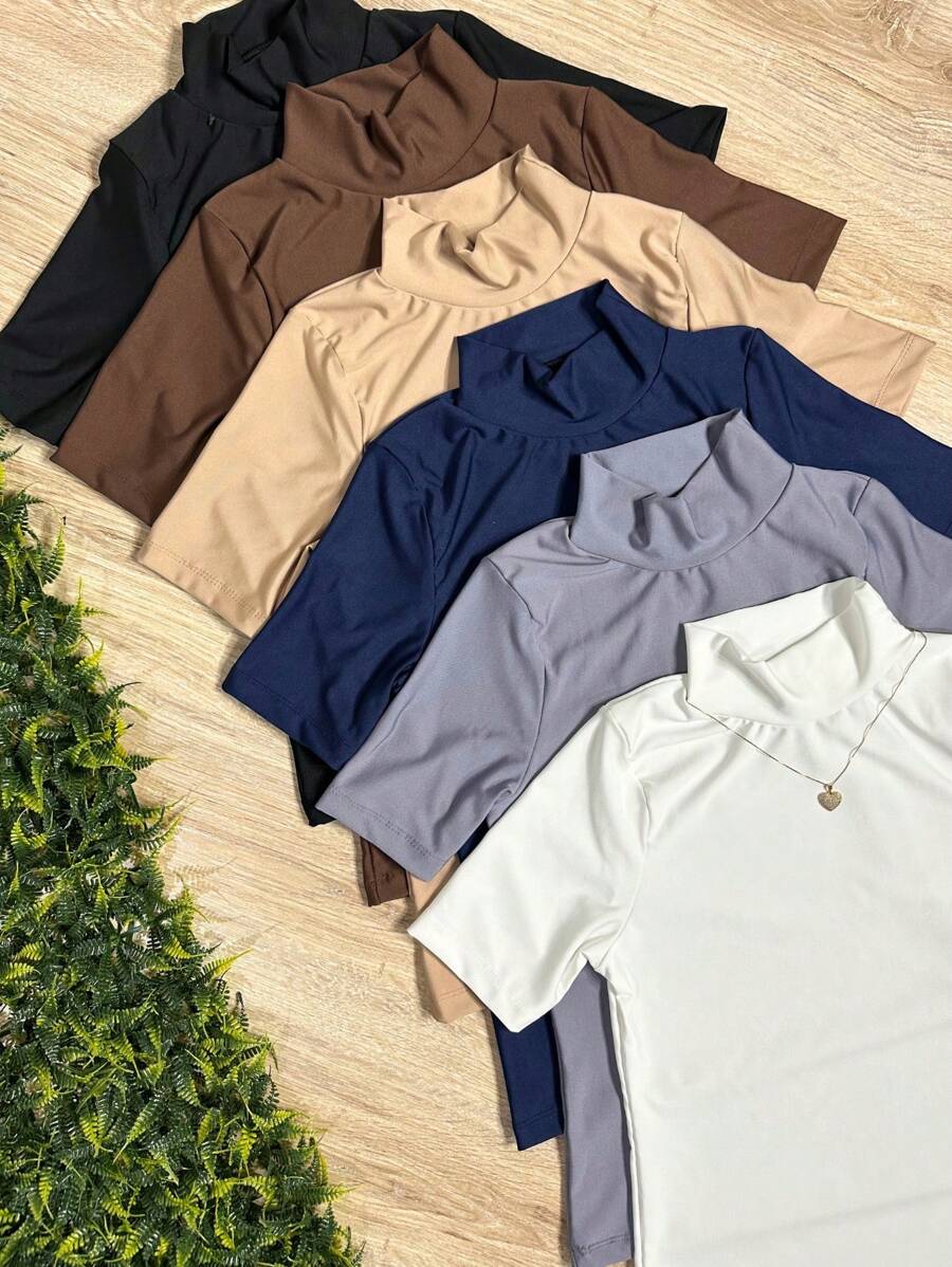Basic Turtleneck Blouse High Neck Short Sleeve Women's Casual Kit With 6 - 彩色 - 查看 1