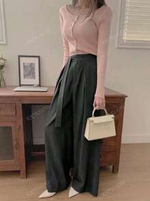 Korean Style Striped Belt With Waist Tie, Versatile Wide Leg Casual Suit Pants, Spring/Summer