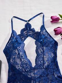 Ning xue yan ying Women's Blue Transparent Deep V-Neck ,Jacquard Weave,Backless,Bow Decoration On The Chest,Floral Lace Criss Cross Crotchless,Heart Metal Buckle Decoration,Sexy Teddy Bodysuit,Scallop Trim Tight Fitting Bodysuit,Women Sexy Club Outfits ,Women's Sexy Bodysuit