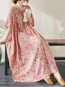 AZAH 2026新款优雅连衣裙，女士大码休闲度假连衣裙，圆领短袖宽松摆裙，波西米亚风沙滩裙，粉色碎花连衣裙，母亲节礼物 - 粉色 - 查看 7