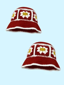 Men's Knitted Bucket Hat, Handmade Embroidery Bucket Hat, Spring Autumn Warm Windproof Retro Wave Brim Cap, Outdoor Streetwear