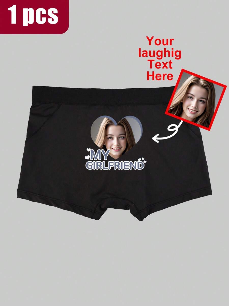1pc Custom Polyester Men's Briefs, Personalized Heart-Shaped Photo Printing On Back, Perfect Customized Gift For Boyfriend/Partner On Valentine's Day - Black - View 1