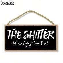 3pc The Shitter Please Enjoy Your Visit Hanging Wall Art Decorative Wood Sign Home Bathroom Decor - Black - View 4