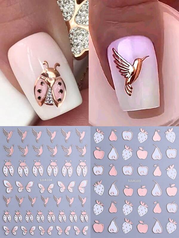 3D Metallic Insect & Fruit Nail Stickers 2pcs Rose Gold White Cartoon Animal Ladybug Butterfly Bird Apple Pear Strawberry DIY Holographic Y2K Spring Summer Self-Adhesive Gel Polish Decals Sliders Salon Manicure Decoration Nail Supplies