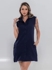 Faraya Jeans Navy Blue Tailored Shirt Dress With Tank Top And Buttons And Belt - 藏蓝色 - 查看 6