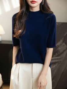 Top d'été en laine mérinos 100% mignon, pull sans couture élégant à col montant, top court tricoté à manches courtes pour femmes, nouveau t-shirt en laine pour femmes, printemps été