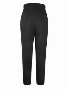 Casual Solid Color Waist Cinching Slim Fit Cropped Work Pants - Black - View 5