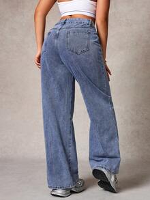 Jeans casuales de mezclilla de pierna recta y holgada con bolsillos para mujer