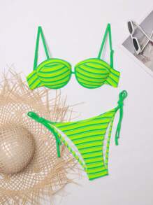 2 Stücke sexy gestreiftes Bikini-Set mit Stoffträgern, Damenbadeanzug für Strand oder Pool