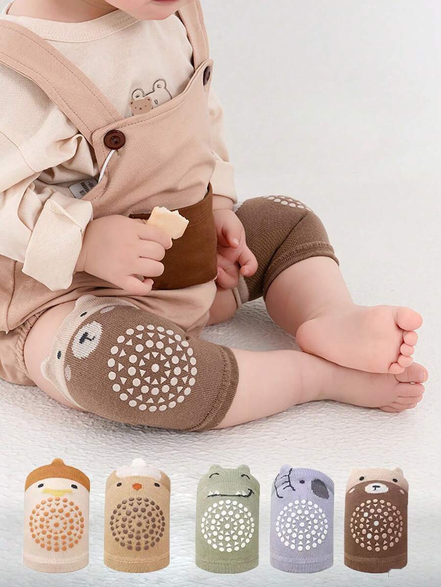 5pcs/Set Baby Crawling Anti-Slip Kneepads, Knitted Toddler Knee Pads With Dinosaur & Elephant Designs For Infant Crawling & Walking