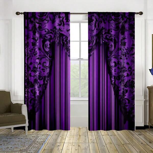 2pcs Classic Gothic Baroque Blackout Curtains - Polyester Purple & Black Ombre Floral Drapes For Bedroom