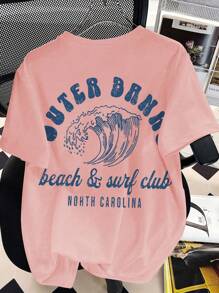 Teen Girl Loose Wave And Slogan Graphic Short Sleeve Summer T-Shirt, Suitable For School, Vacation And Shopping