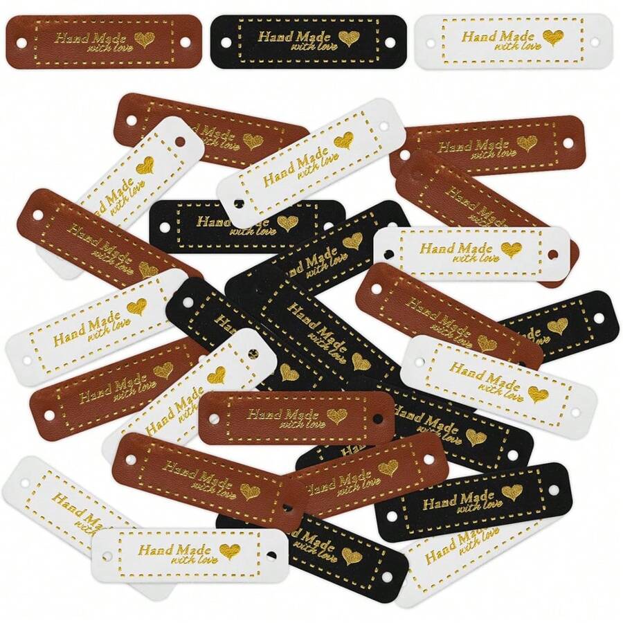 30 peças de etiquetas de Pu de crochê, para produtos artesanais, etiquetas artesanais em formato de coração, etiquetas de kit de crochê com costura de furo, acessórios de tricô faça você mesmo