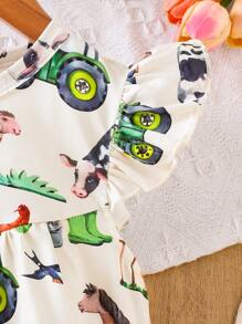 Adorable Summer Dress For Girls - Cartoon Animal Print With Ruffle Sleeves, Knit Fabric For Summer - Apricot - View 4