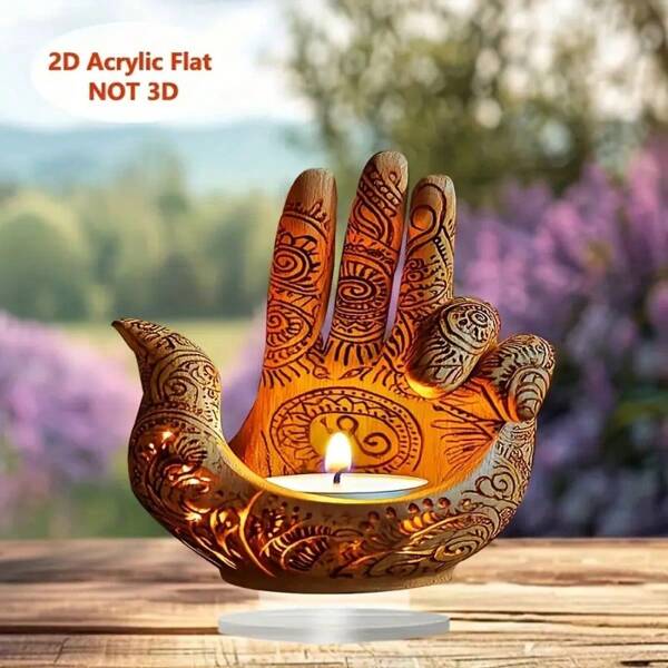 2D Flat Um ornamento de acrílico 2D com uma vela de mão de Buda de acrílico estilo boêmio, medindo 9 polegadas por 9 polegadas. Esta decoração de mesa temática é perfeita para casa, escritório