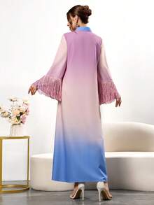 Women's Casual Simple Ombre Tassels Round Neck Long Sleeve Dress,Modest - Multicolor - View 3