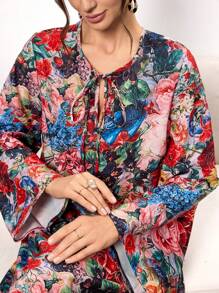 Women's Vintage Floral Print Maxi Dress - Long Sleeve Tie-Neck Boho Dress, Spring Summer Casual Loose Fit Layered Dress,Elegant Long Sleeve Robe,Summer Dresses,Dresses Classy Elegant