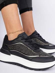 Fashionable Versatile Casual Rhinestone Decor Platform Sneakers - Black - View 1