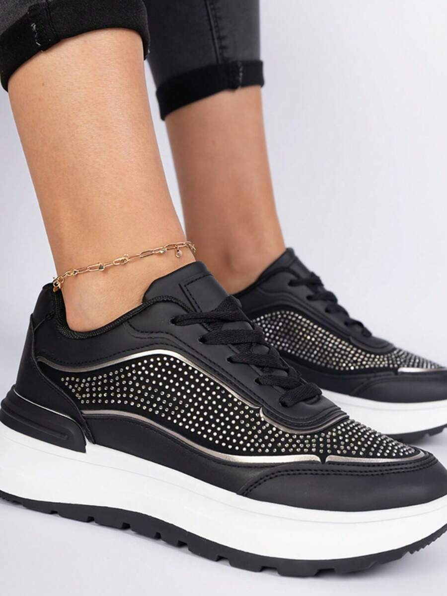 Fashionable Versatile Casual Rhinestone Decor Platform Sneakers - Black - View 1