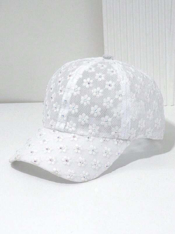 1pc Floral Lace Rhinestone Embellished Baseball Cap, Suitable For Daily Wear