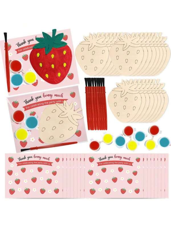 100pcs Strawberry Party Gift Card With Wooden Craft, Assorted Strawberry Center Decor, Suitable For Birthday, Christmas, Children's Day, Valentine's Day,For School Supplies,Back To School