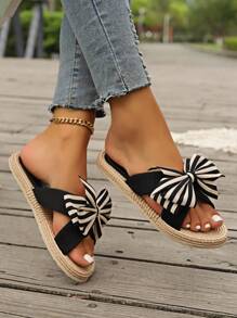 Women's Fashion Casual Striped Bow Decor Flat Outdoor Slippers, Versatile Beach Sandals Suitable For Summer Holiday