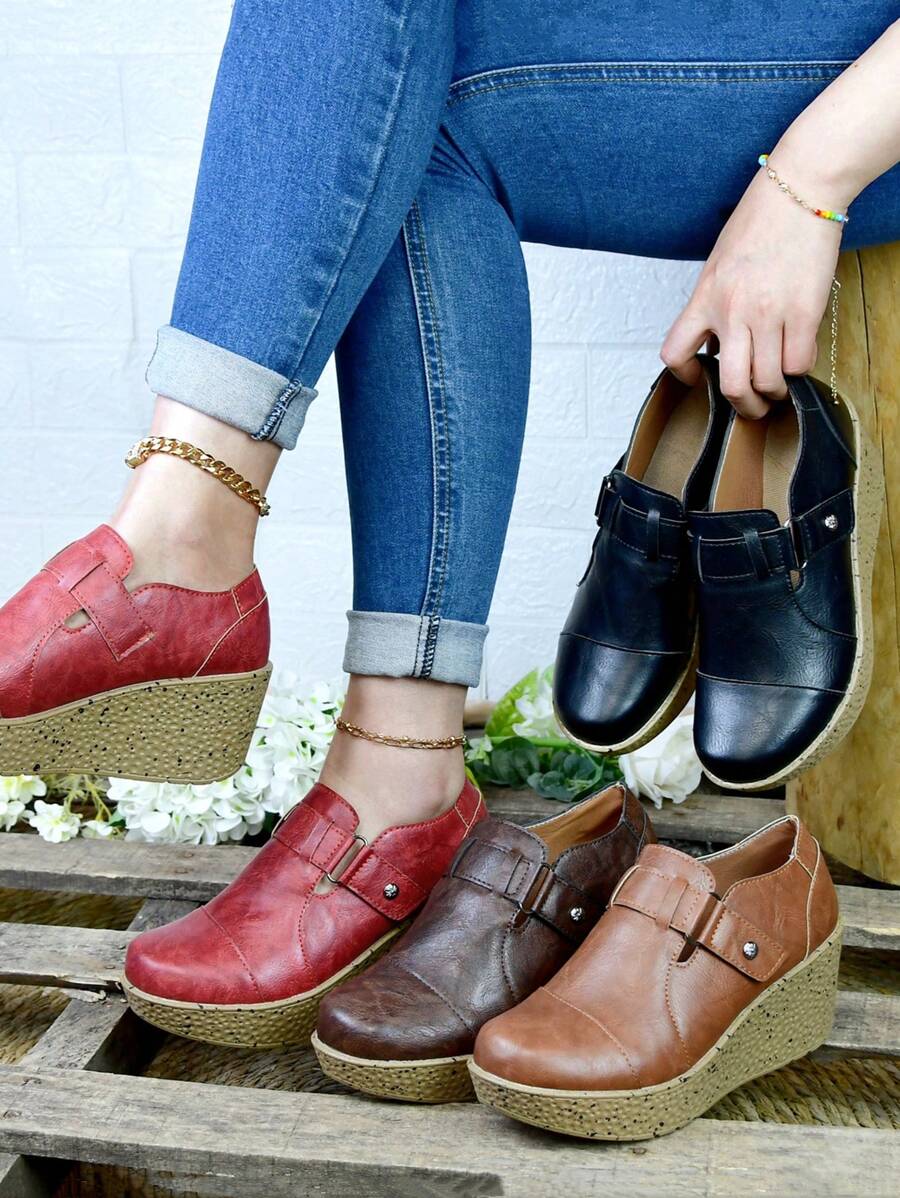 咖啡色四季可穿乐福鞋女厚底防水台一脚蹬女鞋复古简约坡跟乐福鞋时尚朋克舒适软底浅口鞋 - 咖啡色 - 查看 1