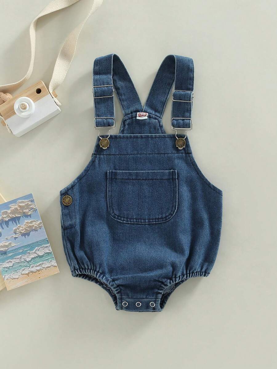 Baby Boy Girl Denim Romper With Pockets Suspender Sleeveless Jumpsuit Shorts Jean Overalls Cute Clothes, 0-24 Months - 藍色 - 查看 1