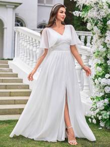 UNITHORSE Vestido de novia de lujo con volantes, adornos de cuentas en la cintura, silueta acampanada, vestido de novia elegante para la boda