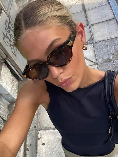 1pc Oval Shaped Large Frame Women's Fashionable Glasses, Simple And Versatile For Summer Beach Vacation, Outdoor, Travel Shades Leopard Tortoise Shell Bohemia Style Cat Eye Frame For Vacation, Beach, Travel Preppy Style For Back To School