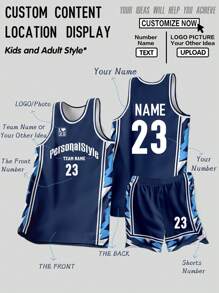 2pcs Personalized Tween Boys Basketball Jersey- Customized Team Name,Number And Photo Print Tank Top+Shorts Breathable Sweat-Absorbing Outdoor Activities Sports Set