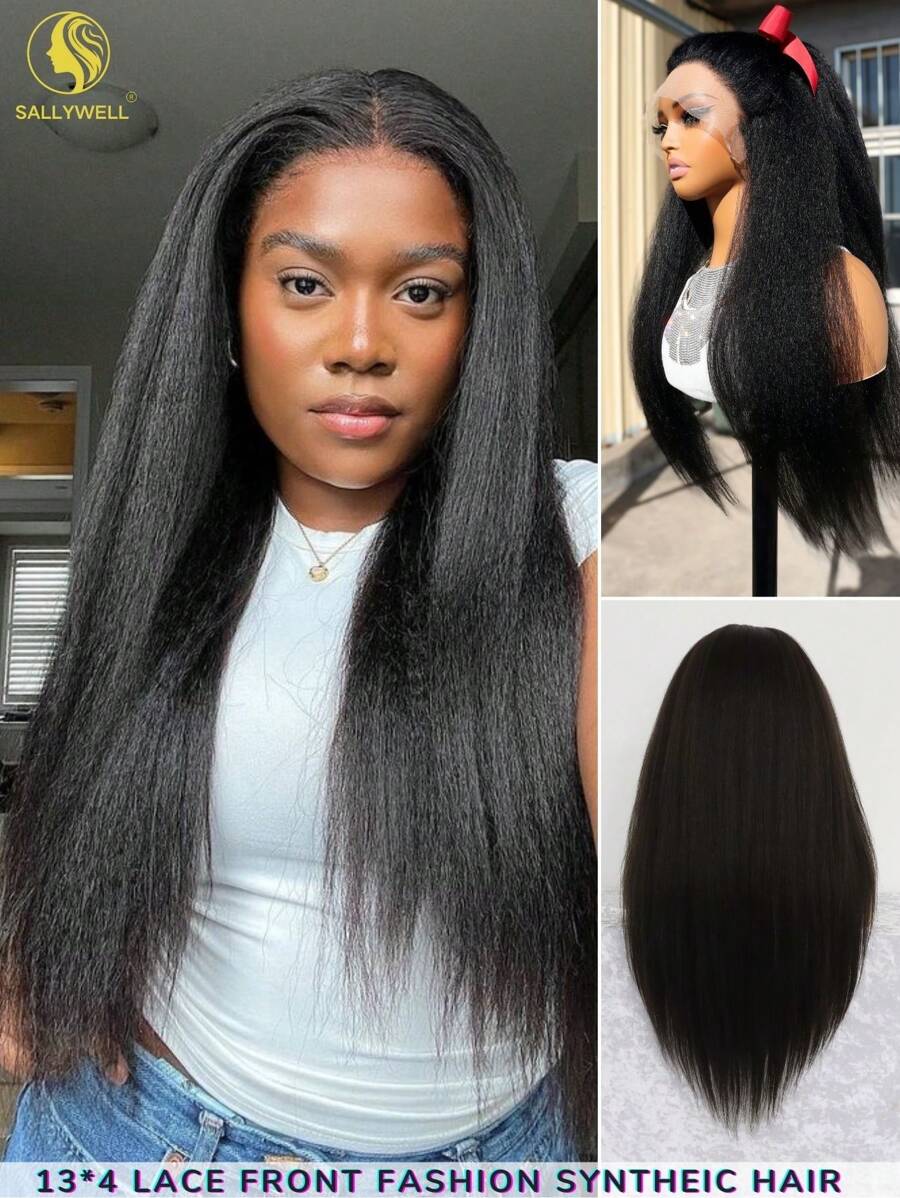 长款柔软 Yaki 180 密度长款自然黑色卷曲直发 13x4 蕾丝前假发，适合女性，带婴儿头发，无胶 - Natural Black - 查看 1