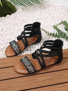 New Bohemian Woven Black Flat Sandals, Fashion Glitter Accent Zipper Back Design Breathable Black Gladiator Sandals, Comfortable High-End Non-Slip Strap Casual Metallic Roman Shoes For Women, Sexy Backless Black Shoes, Lightweight Flat Casual Shoes Suitable For Vacation And Work, Versatile Round Toe Strap Campus Flat Sandals, Black Sandals Suitable For Beach And Indoor Wear