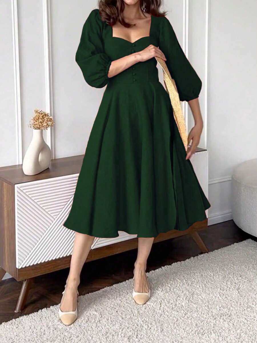 Đầm nữ kiểu cổ điển lấy cảm hứng từ phong cách vintage, cổ tim, tay phồng, eo xếp ly, thanh lịch cho mùa xuân. - Màu xanh lá cây đậm - Xem 1