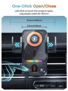 Newest Phone Holder For Car, With Wireless Charger, Music Light Effect, One-Click Open/Close And Rotation 90°, Seismic And Anti-Slip Silicon, Wireless Charging Stand, Gift For Driver, Workout, Travel