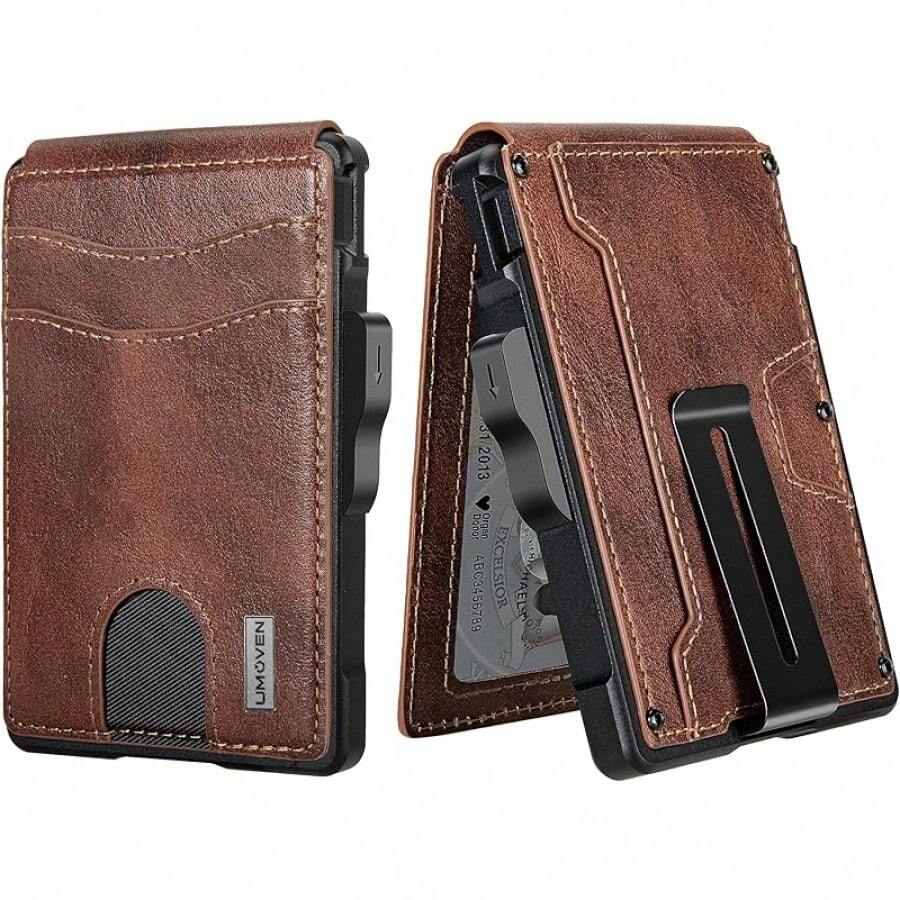 Umoven Wallet For Men - With Money Clip Slim Leather Slots Credit Card Holder RFID Blocking Bifold Minimalist Wallet - 棕紅色 - 查看 1