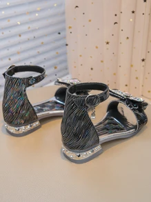 1 Pair Reflective Iridescent Jelly Bow Decor Kids Roman Sandals - Black - View 7