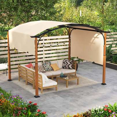 Lifezeal 10 X 12 FT Outdoor Retractable Pergola With Retractable Canopy Wood Looking Posts Beige/Gray