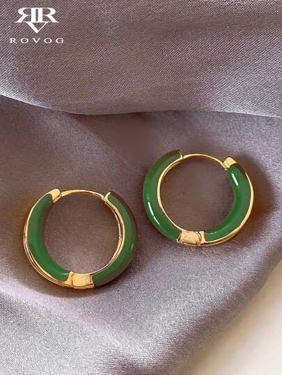 1 对简约几何圆形绿滴油设计优雅奢华女士环形耳环